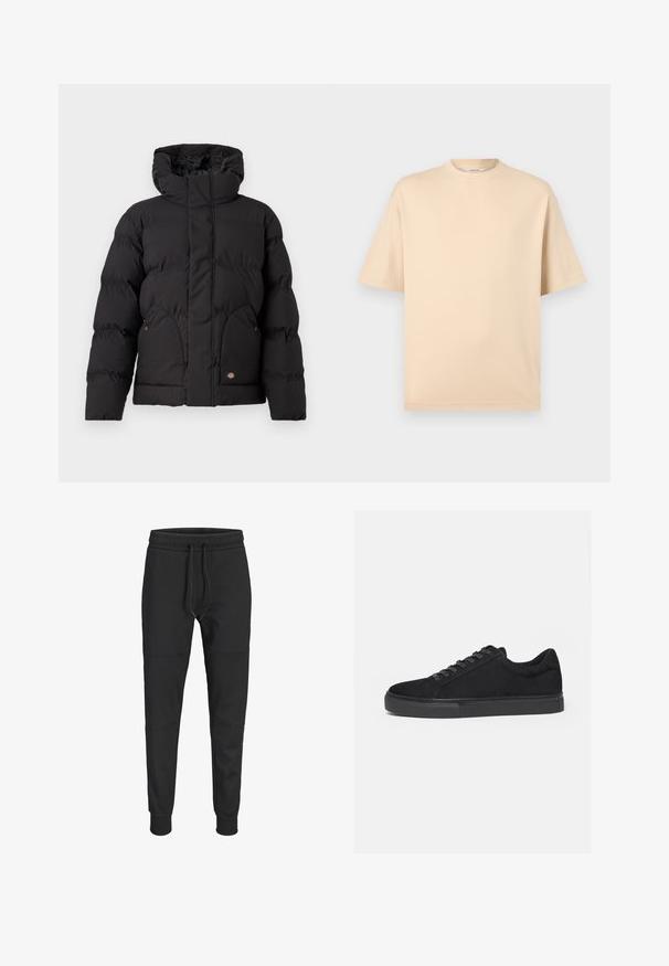 Schwarze Puffjacke mit hohem Kragen, ausgestattet mit einem Reißverschluss vorne, zwei seitlichen Taschen und einem logobezogenen Akzent auf der unteren Vorderseite. Weicher, gesteppten Textur.; Beige oversized T-Shirt mit kurzen Ärmeln, Rundhalsausschnitt und minimalen Nähten auf hellgrauem Hintergrund.; Schwarze Slim-Fit-Jogginghosen mit elastischem Bund, verstellbarem Kordelzug, Nahtdetails am Knie und Umschlag am Beinabschluss.; Schwarzer Low-Top-Sneaker mit Schnürung vorne und flacher Gummisohle, seitlich auf weißem Hintergrund dargestellt.