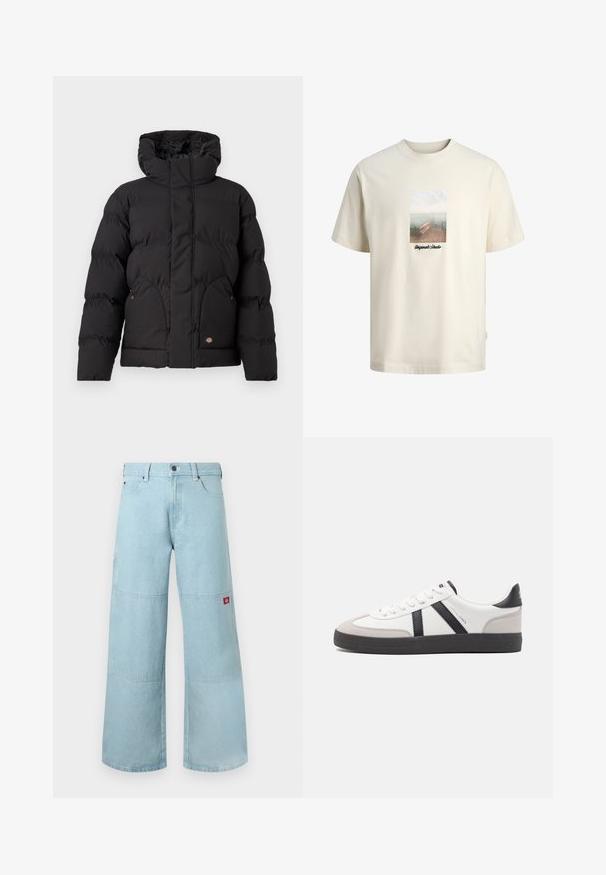 Schwarze Puffjacke mit hohem Kragen, ausgestattet mit einem Reißverschluss vorne, zwei seitlichen Taschen und einem logobezogenen Akzent auf der unteren Vorderseite. Weicher, gesteppten Textur.; Cremefarbenes T-Shirt mit einer Grafik eines hölzernen Stegs mit Blick auf ruhiges Wasser und dem Text „Originals Studio“ unter dem Bild.; Hellblaue Jeans mit weitem Bein aus Denimstoff und kontrastierenden Patches. Verfügt über eine vordere Knopfleiste und einen kleinen Logo-Patch an der Seitentasche.; Weiße Sneaker mit schwarz- und grau-aczenten, ausgestattet mit einer strukturierten grauen Zehenkappe, schwarzer Gummi-Sohle und flachen weißen Schnürsenkeln. Sauberes Design, minimalistische Stil.