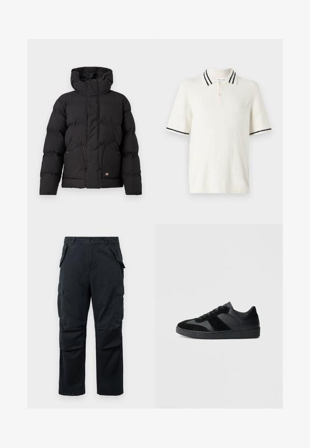 Zwarte pufferjack met een hoge kraag, voorzien van een ritssluiting aan de voorkant, twee zijzakken en een logo-accent op de onderkant van de voorkant. Zachte, gewatteerde textuur.; Polo met korte mouwen in off-white met een gestructureerde stof, voorzien van een gebreide kraag met twee zwarte strepen en een knoopsluiting met drie knopen.; Zwarte cargobroek van duurzaam materiaal, met meerdere zijzakken, een rechte pijpdesign en een knoopsluiting bij de taille.; Zwarte sneakers met een mix van glad leer en suède, een gestructureerde zwarte rubberen zool en subtiele streepdetails.