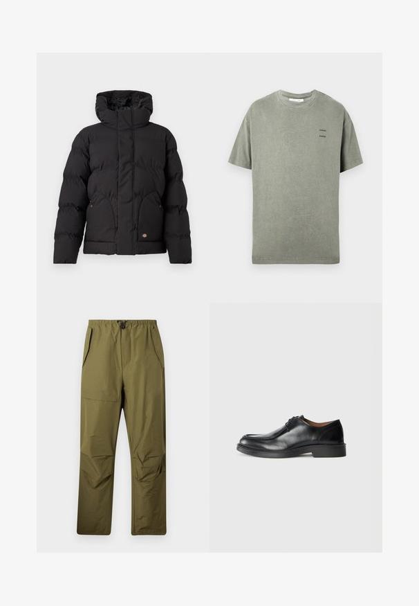 Schwarze Puffjacke mit hohem Kragen, ausgestattet mit einem Reißverschluss vorne, zwei seitlichen Taschen und einem logobezogenen Akzent auf der unteren Vorderseite. Weicher, gesteppten Textur.; Kurzärmliges, verblasstes olivgrünes T-Shirt mit kleinem schwarzen "SAMSØE"-Textlogo zweimal auf der linken Brust und einem runden Halsausschnitt.; Olivgrüne gerade geschnittene Hose mit elastischem Bund und Kordelzug, ausgestattet mit Seitentaschen und einer Klapptasche am rechten Oberschenkel.; Schwarze Leder-Dressschuhe mit abgerundetem Zehenbereich, glatter Oberfläche, Schnürdetails und einer niedrigen, strukturierten Gummisohle. Saubere Linien und minimalistisches Design.