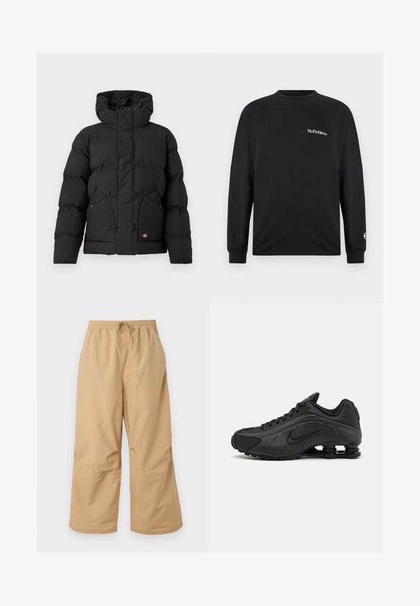 Schwarze Puffjacke mit hohem Kragen, ausgestattet mit einem Reißverschluss vorne, zwei seitlichen Taschen und einem logobezogenen Akzent auf der unteren Vorderseite. Weicher, gesteppten Textur.; Schwarzes Langarm-T-Shirt aus Baumwolle. Verfügt über den Text "No Problemo" auf der Brust und ein Logo auf dem Ärmel. Rundhalsausschnitt und enge Bündchen.; Beige weite Hosen aus leichtem Stoff, mit einem elastischen Bund und einer Kordel sowie genähten Akzenten in der Nähe des Saums.; Schwarze Laufschuhe mit einem glatten synthetischen Obermaterial, durchbrochenen Akzenten, strukturierten Seitenpaneelen und einer ausgeprägten federnden Sohle.