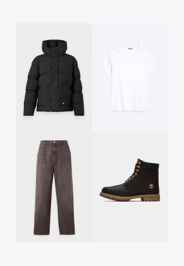 Schwarze Puffjacke mit hohem Kragen, ausgestattet mit einem Reißverschluss vorne, zwei seitlichen Taschen und einem logobezogenen Akzent auf der unteren Vorderseite. Weicher, gesteppten Textur.; Schlichtes weißes T-Shirt mit kurzen Ärmeln und Rundhalsausschnitt mit gut sichtbarem WEEKDAY-Label am Kragen, dargestellt auf hellem Hintergrund.; Braune Straight-Leg-Hose mit hoher Taille, Fronttaschen, Gürtelschlaufen und sichtbaren Nähten an Knie und Oberschenkeln.; Schwarze Leder-Ankle-Boots mit goldenen Ösen, braunen Akzenten und einer Gummisohle. Verfügt über einen gepolsterten Schaft und ein geprägtes Logo an der Seite.