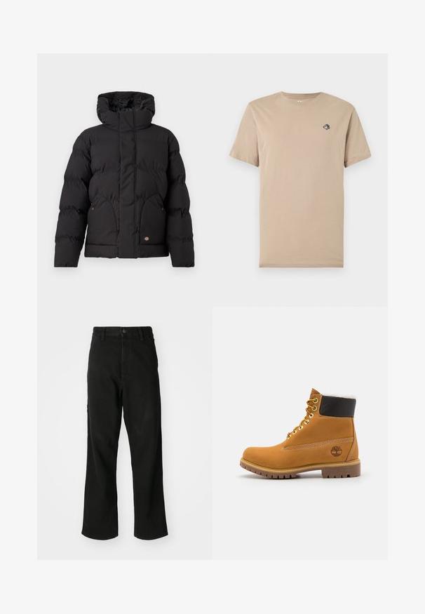 Schwarze Puffjacke mit hohem Kragen, ausgestattet mit einem Reißverschluss vorne, zwei seitlichen Taschen und einem logobezogenen Akzent auf der unteren Vorderseite. Weicher, gesteppten Textur.; Beiges T-Shirt mit kurzen Ärmeln und Rundhalsausschnitt, mit kleinem cartoonartigem Aufnäher auf der linken Brust, der eine Figur mit großen Augen zeigt.; Schwarze gerade Jeans mit Knopfverschluss, Gürtelschlaufen und Fronttaschen auf einem schlichten weißen Hintergrund.; Braune Leder-Ankle-Boots mit Metallösen, weißem Kunstfellfutter, schwarzem gepolstertem Kragen, robustem Sohlenprofil und geprägtem Logo an der Seite.
