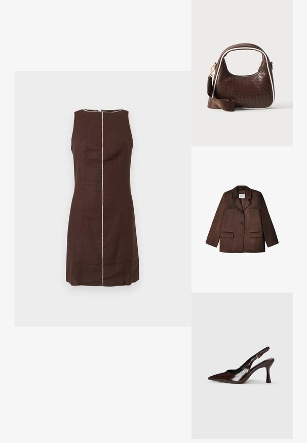 Brauner Blazer aus einem glatten Material, mit einem Reverskragen, einem einzelnen Knopfverschluss und zwei vorderen Taschen. Texturierte Oberfläche.; Ärmelloses dunkelbraunes Kleid mit beigen vertikalen Nahtdetails in der Mitte und um den runden Ausschnitt.; Braune lackleder Slingback-Absätze mit spitzem Zehen, einem dünnen Absatz und einem verstellbaren Riemen mit einer kleinen Schnalle.; Braune gewebte Lederhandtasche mit weißer Paspel, goldenem Reißverschluss und abnehmbarem braunem Stoff-Schulterriemen.