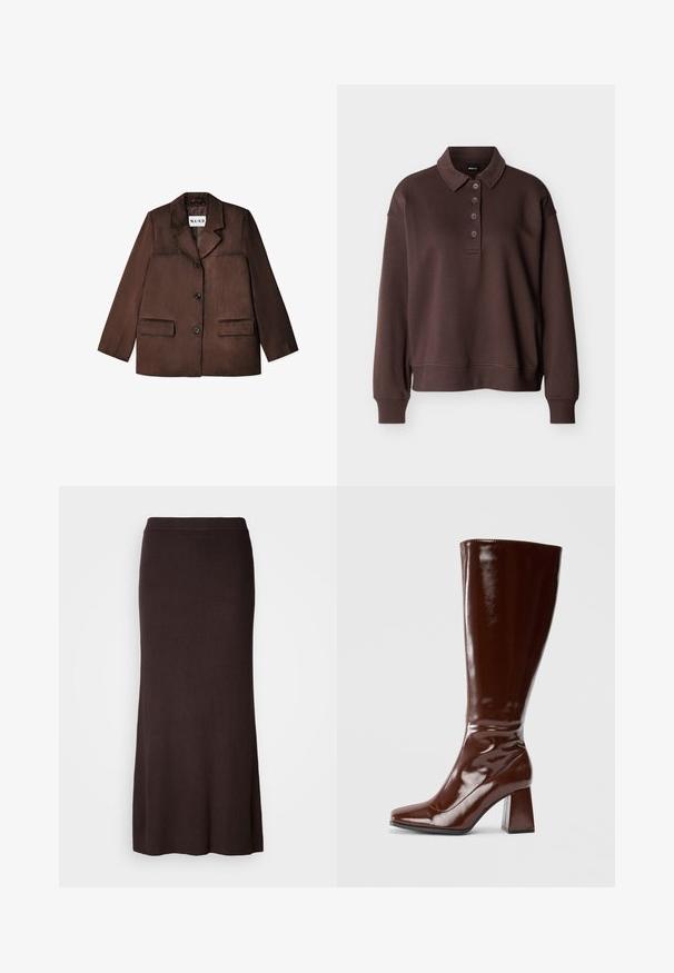 Bruine blazer van een glad materiaal, met een notch-kraag, enkele knoopsluiting en twee voorzakken. Geringde afwerking.; Bruine lange mouwen polo met vier knopen, geribbelde manchetten en een geribbelde zoom tegen een effen witte achtergrond.; Donkerbruine, ribbelige gebreide, enkellange rechte rok met een hoge tailleband, weergegeven op een witte achtergrond.; Kniehoge bruine laarzen van gepatenteerd leer met een vierkante neus, glanzende afwerking en een chunky hak voor stabiliteit. Naadloos ontwerp zonder zichtbare hardware.