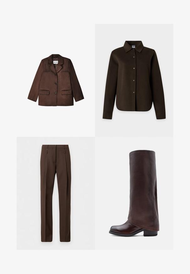 Brauner Blazer aus einem glatten Material, mit einem Reverskragen, einem einzelnen Knopfverschluss und zwei vorderen Taschen. Texturierte Oberfläche.; Dunkelbraune langärmelige Hemdjacke mit klassischem Kragen und vorderen Druckknöpfen vor einem schlichten hellen Hintergrund.; Braune, maßgeschneiderte, gerade geschnittene Hose mit Gürtelschlaufen und vorderen Bügelfalten, auf neutralem weißem Hintergrund präsentiert.; Dunkelbraune Lederstiefel bis zum Knie mit niedrigem Blockabsatz und runder Spitze, seitlich auf einem weißen Hintergrund dargestellt.