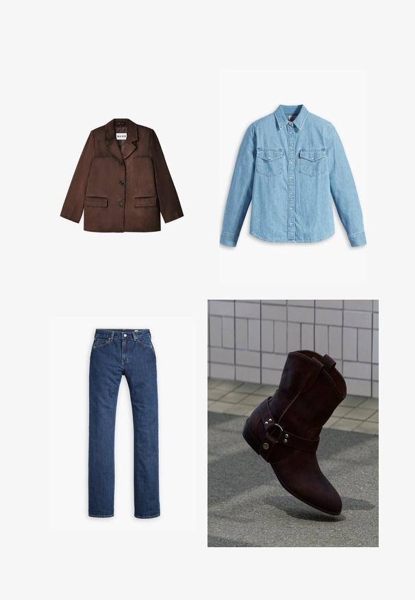 Brauner Blazer aus einem glatten Material, mit einem Reverskragen, einem einzelnen Knopfverschluss und zwei vorderen Taschen. Texturierte Oberfläche.; Helles blaues Denimhemd mit langen Ärmeln, spitzem Kragen, zwei Brusttaschen, Knopfleiste und subtiler Struktur. Keine sichtbaren Muster.; Levi's® MOJ MIJ PLANK STRAIGHT - Jeans Straight Leg - stems; Brauner Wildleder-Stiefelette mit silberner Schnallendetail, stehend auf strukturiertem Pflaster neben einer gefliesten Wand.