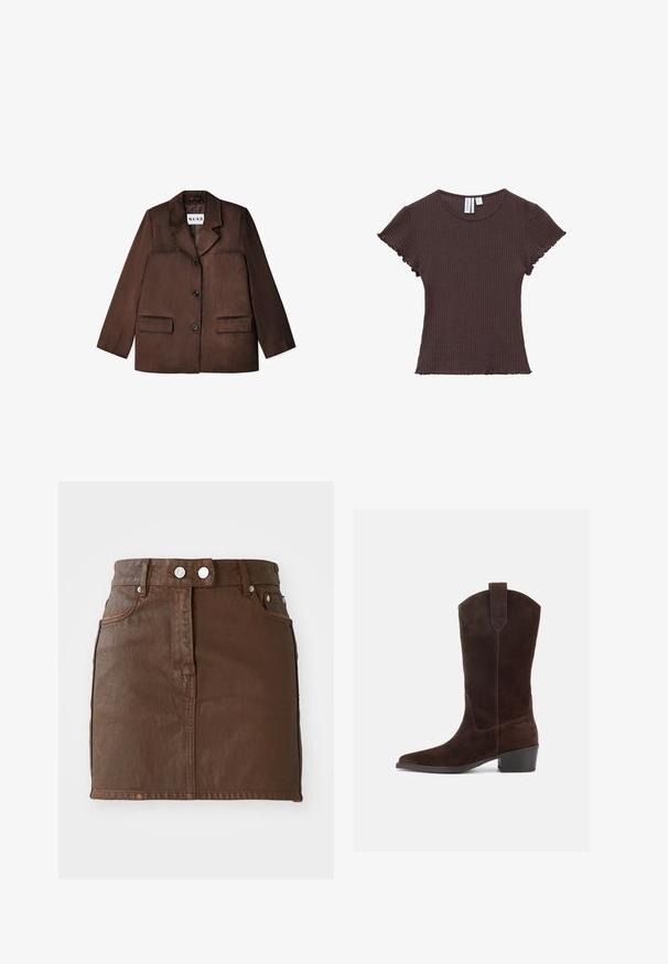 Brauner Blazer aus einem glatten Material, mit einem Reverskragen, einem einzelnen Knopfverschluss und zwei vorderen Taschen. Texturierte Oberfläche.; Dunkelbraunes, geripptes, kurzärmeliges, eng anliegendes Oberteil mit rundem Ausschnitt und wellenförmigen Abschlüssen an Ärmeln und Saum.; Brauer Denim-Minirock mit hoher Taille, zwei vorderen Taschen, silbernen Knopfakzenten und einer glatten Textur.; Dunkelbrauner Wildleder-Mittelwadenstiefel im Westernstil mit spitz zulaufender Spitze, Blockabsatz und Zuglasche auf weißem Hintergrund.