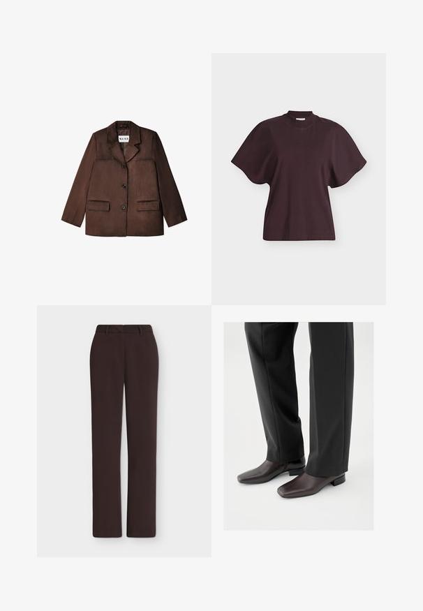 Bruine blazer van een glad materiaal, met een notch-kraag, enkele knoopsluiting en twee voorzakken. Geringde afwerking.; Donkerbruin topje met korte, wijde mouwen en een hoge ronde hals, getoond op een effen witte achtergrond.; Donkerbruine broek met rechte pijpen, riemlussen, voorsluiting en zijzakken, weergegeven tegen een egale witte achtergrond.; Donkerbruine leren schoenen met een vierkante neus en een korte blokhak, gedragen met zwarte, op maat gemaakte broek, die een strakke, gepolijste uitstraling tonen.