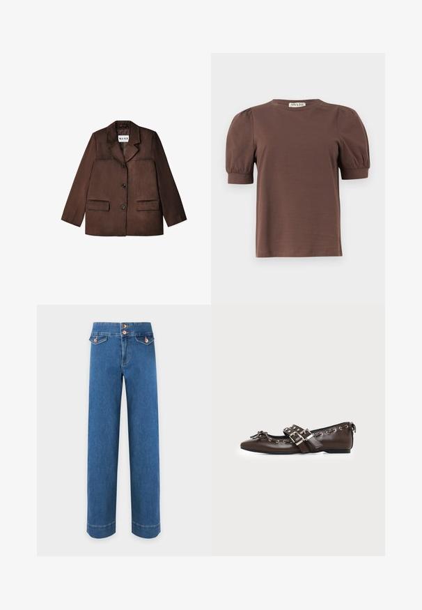 Hnedý blazer vyrobený z hladkého materiálu, s výstrihom s notch, jednostranným zapínaním na gombík a dvoma prednými vreckami. Textúrovaný povrch.; Hnedá krátky rukáv košele s nafúknutými rukávmi a rebrovanými manžetami, okrúhly výstrih a malá štítok „AWARE“ na zadnej strane goliera.; Modré rifle z vysokým pásom so širokými nohavicami, dve predné vrecká so zapínaním na gombíky a medenými gombíkmi na páse.; Tmavohnedá kožená balerína s špicatou špičkou, dvojitými striebornými prackami, kovovými okami a ozdobnou mašľou vpredu.
