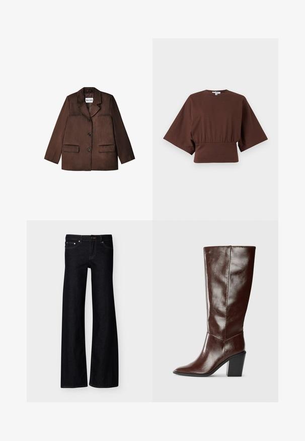 Brun blazer lavet af et glat materiale, med en notch krave, enkelt knaplukning og to forlommer. Teksturfinish.; Brun cropped top med brede ærmer til albue og rynket talje, vist mod en ensfarvet lys baggrund.; Sorte vidde jeans i denim med forlommer, knaplukning og synlige syninger, vist mod en ensfarvet hvid baggrund.; Høj, mørkebrun læderstøvle med spids tå og stablet blokhæl, vist fra siden på en ensfarvet baggrund.