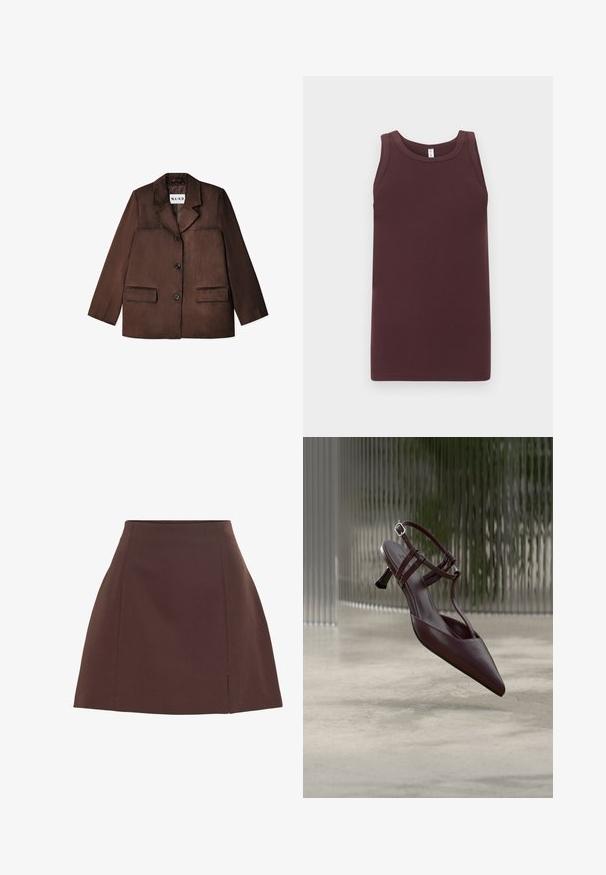 Blazer marrón hecho de un material suave, con cuello de muesca, cierre de botón único y dos bolsillos delanteros. Acabado texturizado.; Camiseta sin mangas acanalada en marrón oscuro con cuello redondo, presentada extendida sobre un fondo gris claro.; Falda marrón en línea A con una ligera abertura frontal y detalles de costuras limpias, hecha de tela lisa.; Zapato de tacón tipo slingback de cuero marrón oscuro con punta puntiaguda, tiras delgadas y un pequeño tacón de aguja curvado, exhibido sobre un fondo abstracto.