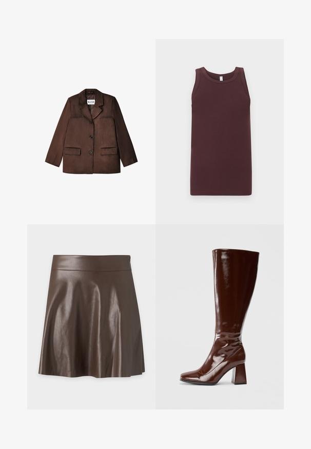 Brun blazer lavet af et glat materiale, med en notch krave, enkelt knaplukning og to forlommer. Teksturfinish.; Ærmeløs ribbet tanktop i mørkebrun med rund halsudskæring, lagt fladt mod en lysegrå baggrund.; Mørkebrun A-formet nederdel i kunstlæder med høj talje og glat, let skinnende tekstur.; Knæhøje brune patentlæderstøvler med firkantet tå, glansfuld finish og en kraftig hæl for stabilitet. Sømløs design uden synligt hardware.