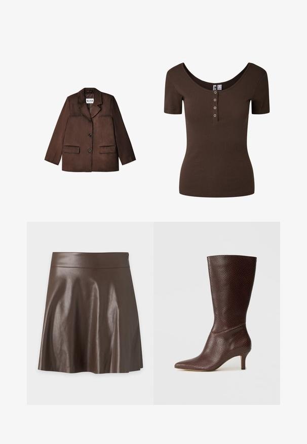 Brauner Blazer aus einem glatten Material, mit einem Reverskragen, einem einzelnen Knopfverschluss und zwei vorderen Taschen. Texturierte Oberfläche.; Kurzärmeliges, geripptes, dunkelbraunes, figurbetontes Top mit Rundhalsausschnitt und vier Metallschnappknöpfen an der vorderen Knopfleiste.; Dunkelbrauner A-Linien-Rock aus Kunstleder mit hohem Bund und glatter, leicht glänzender Oberfläche.; Braune Kunstleder-Ankle-Boots mit spitzem Zeh, strukturiertem Schlangenprint und einem 5 cm hohen Absatz, die ein schlankes, elegantes Design aufweisen.