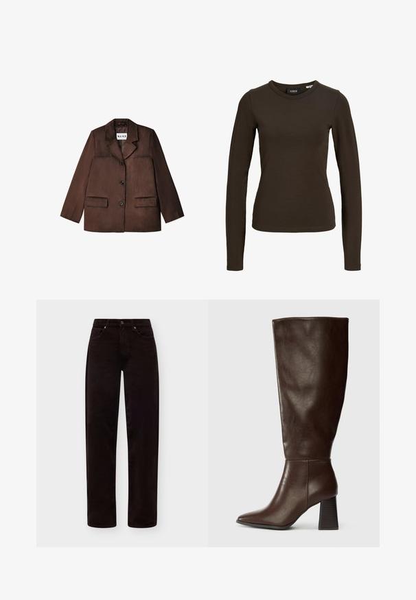 Brauner Blazer aus einem glatten Material, mit einem Reverskragen, einem einzelnen Knopfverschluss und zwei vorderen Taschen. Texturierte Oberfläche.; Dunkelbraunes, eng anliegendes Langarmshirt mit Rundhalsausschnitt, einfachem Design und glatter Stoffstruktur, auf weißem Hintergrund dargestellt.; Dunkelbraune Cordhosen mit Knopf- und Reißverschluss, Vordertaschen und geradem Schnitt, vor einfarbigem Hintergrund gezeigt.; Braune Leder-Stiefel bis zum Knie mit spitzem Zehenbereich und klobigem, strukturiertem Absatz. Glatte Oberfläche mit minimalen Nähdetails.