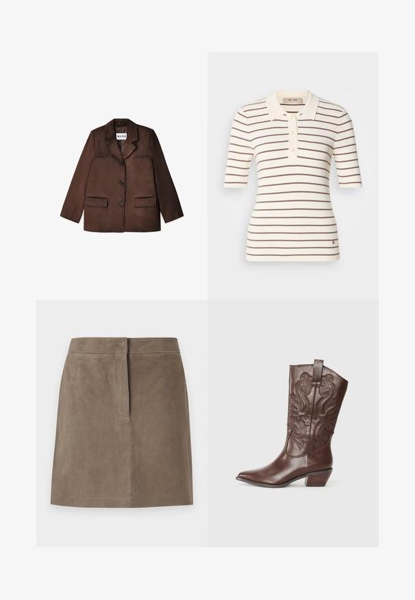 Brun blazer lavet af et glat materiale, med en notch krave, enkelt knaplukning og to forlommer. Teksturfinish.; Ribbet polo skjorte i cremefarve med brune vandrette striber. Har en krave, knappelukning og korte ærmer. Diskret logo detalje ved kanten.; Taupe knælang ruskindsnederdel med lige pasform og skjulte sømdetaljer foran mod en ensfarvet baggrund.; Brune læder cowboystøvle med spids tå, dekorativ syning på skaftet og en lav stablet hæl. Glat tekstur med en poleret overflade.