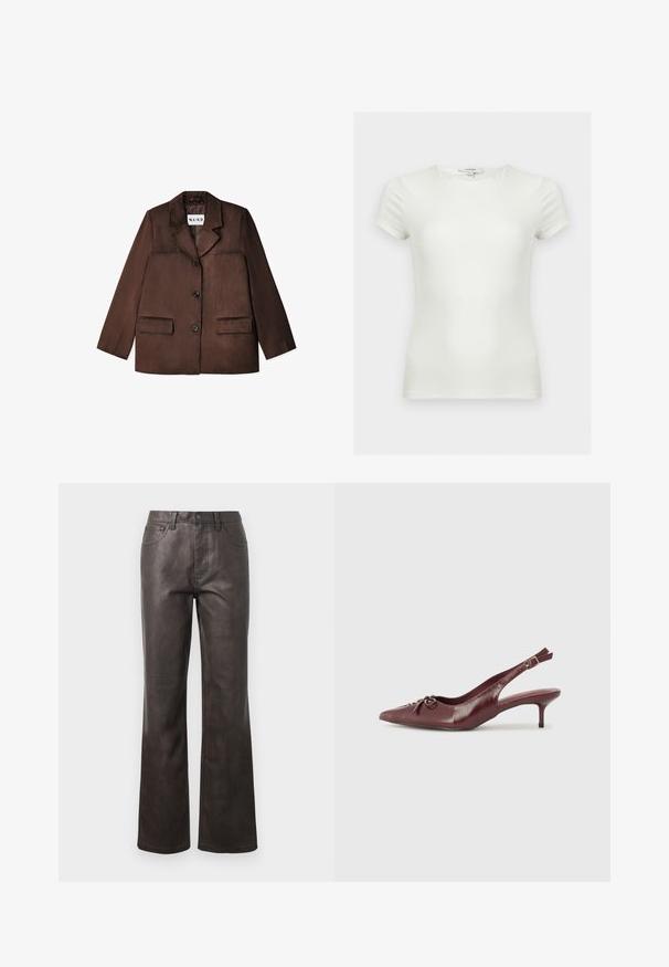 Bruine blazer van een glad materiaal, met een notch-kraag, enkele knoopsluiting en twee voorzakken. Geringde afwerking.; Effen witte aansluitende T-shirt met korte mouwen en ronde hals, getoond op een neutrale achtergrond.; Bruine leren broek met een hoge taille, rechte pijp, zichtbare stikselaccenten en vijf zakken. Gladde textuur, minimale glans.; Bordeaux leren slingback hak met een spitse neus, verstelbare band en decoratieve strikdetails aan de voorkant. Hakhoogte van 7,5 cm.