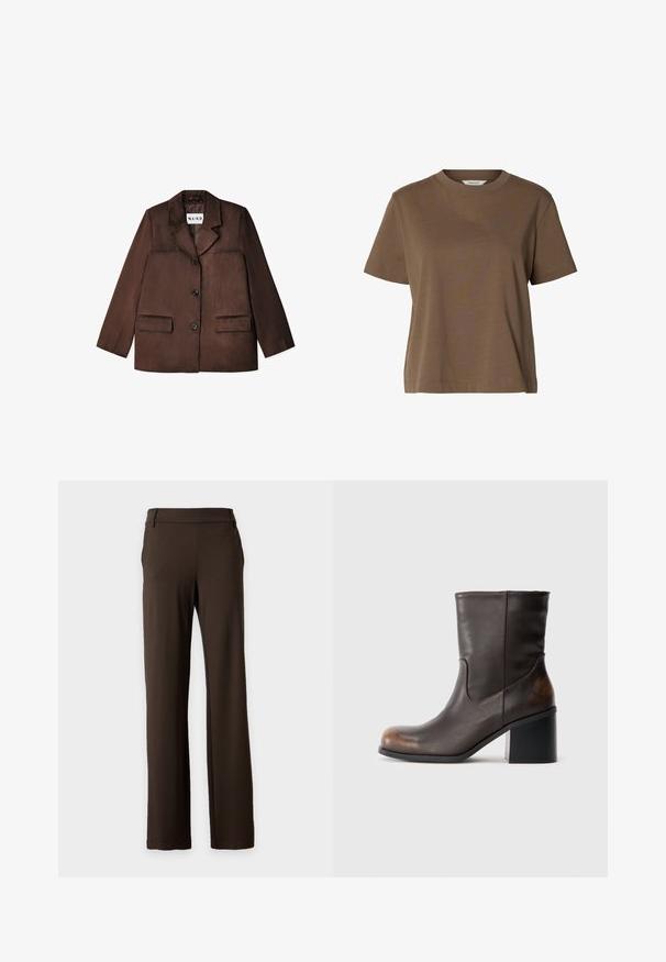 Hnedý blazer vyrobený z hladkého materiálu, s výstrihom s notch, jednostranným zapínaním na gombík a dvoma prednými vreckami. Textúrovaný povrch.; Hnedé tričko s krátkym rukávom a okrúhlym výstrihom, vyrobené z jednofarebnej látky s voľným strihom a minimálnymi švami.; Tmavo hnedé nohavice so strihom na rovno, s opaskovými očkami, bočnými vreckami a čistým predným dizajnom na jednofarebnom svetlom pozadí.; Tmavo hnedá kožená čižma po koleno s okrúhlou špicou a blokovým podpätkom, s jemnými opotrebovanými detailami na špičke a päte.