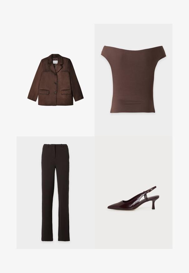 Brauner Blazer aus einem glatten Material, mit einem Reverskragen, einem einzelnen Knopfverschluss und zwei vorderen Taschen. Texturierte Oberfläche.; Braunes figurbetontes Off-Shoulder-Top mit kurzen Ärmeln und geradem Ausschnitt auf weißem Hintergrund.; Schwarze gerade geschnittene Anzughose mit Gürtelschlaufen und Frontreißverschluss vor weißem Hintergrund. Keine sichtbaren Muster oder Verzierungen.; Dunkelbraune Leder-Slingback-Pumps für Damen mit spitzer Zehenpartie, niedrigem Kitten-Heel und verstellbarem Riemen mit goldener Schnalle, auf weißem Hintergrund dargestellt.
