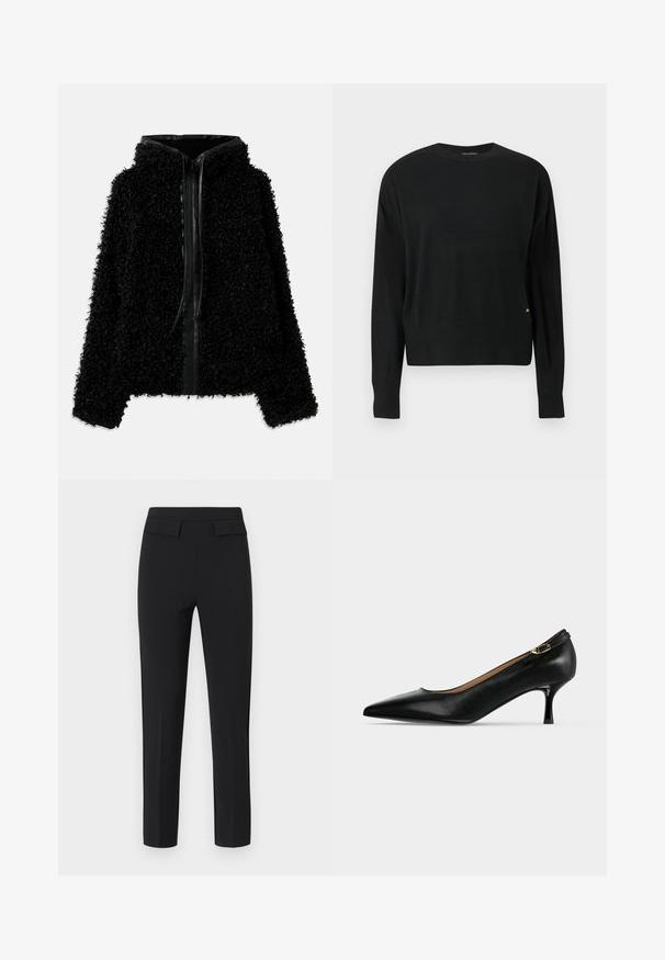 Sort hættejakke lavet af fluffy, struktureret stof med lynlås og læderdetaljer langs kraven og forsiden.; Sort strikket sweater med lange ærmer, rund halsudskæring, ribbet kant og manchetter, med diskret branding i guld på den nederste side.; Sorte skræddersyede bukser med lige ben, med to små klaplommer ved linningen med diskrete præget initialer.; Sort læder pumpe med spids tå, kitten heel og lille guldfarvet spænde bagpå på en lysegrå baggrund.