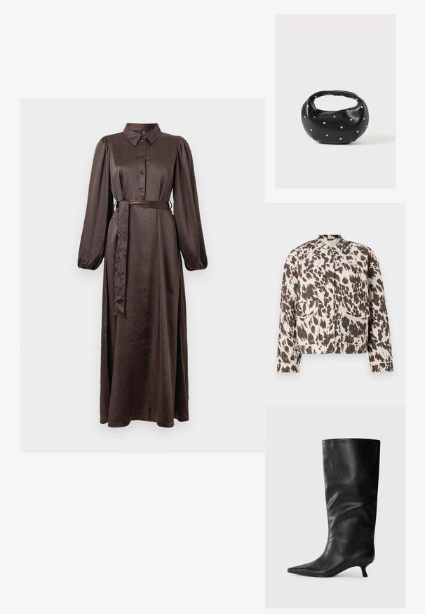 Veste matelassée avec un tissu léger, arborant un audacieux motif éclaboussé marron et crème, un col montant et deux poches plaquées à l'avant.; Robe longue en satin marron avec un col, fermée par des boutons à l'avant, manches longues bouffantes et une ceinture assortie à la taille. Texture lisse, longueur maxi.; Bottes en cuir noires jusqu'aux genoux avec un bout pointu et un petit talon, présentées sur un fond clair.; Sac à main en cuir noir de forme arrondie, décoré de clous argentés et équipé d'une poignée courte. Texture lisse et fermeture éclair.
