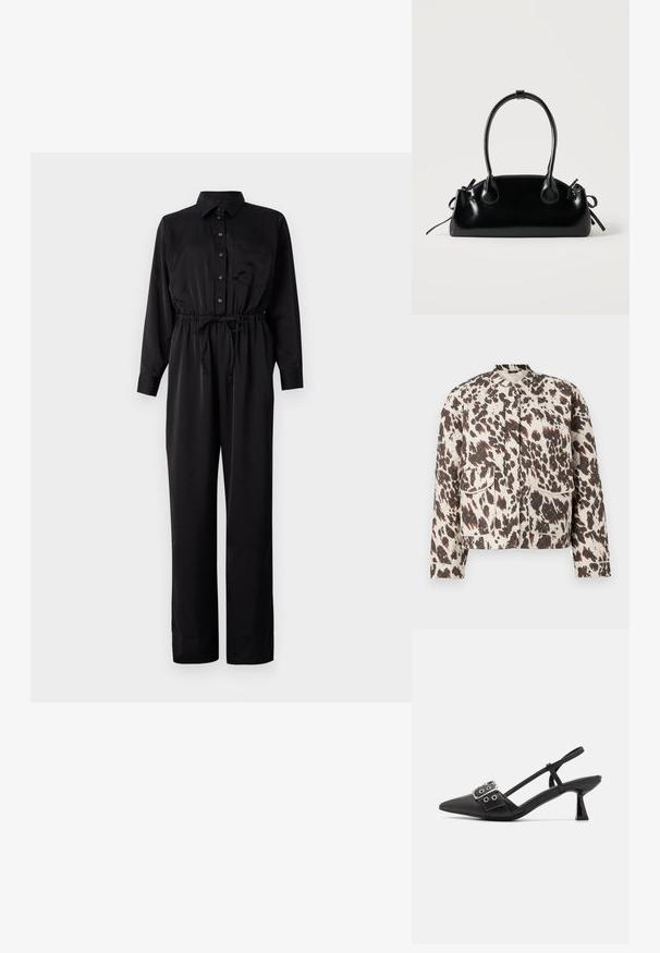 Veste matelassée avec un tissu léger, arborant un audacieux motif éclaboussé marron et crème, un col montant et deux poches plaquées à l'avant.; Combinaison noire à manches longues, fermeture boutonnée sur le devant, poche poitrine, taille élastique avec cordon de serrage et jambes larges en tissu lisse.; Simmi London DALA - Escarpins - black; Petit sac à main noir brillant avec deux longues anses et des détails à cordon sur les côtés sur un fond clair uni.