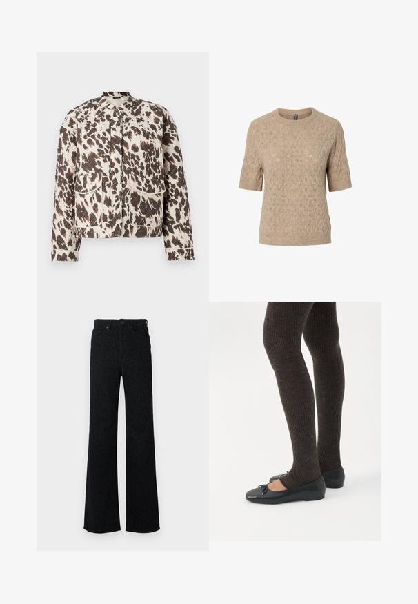 Veste matelassée avec un tissu léger, arborant un audacieux motif éclaboussé marron et crème, un col montant et deux poches plaquées à l'avant.; Pull beige à manches courtes avec un design en tricot texturé et à motifs, avec poignets et ourlet côtelés.; Jeans noirs taille haute avec un motif léopard subtil, jambes droites larges, bouton avant et poches.; Jambes portant des leggings côtelés foncés associés à des ballerines noires avec de petits détails en nœud sur fond blanc.