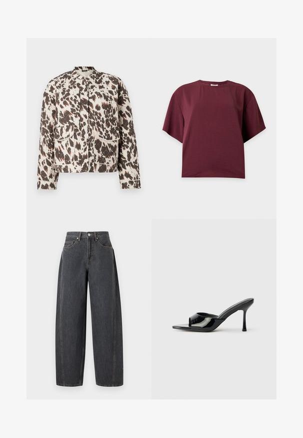 Veste matelassée avec un tissu léger, arborant un audacieux motif éclaboussé marron et crème, un col montant et deux poches plaquées à l'avant.; T-shirt en coton rouge foncé uni, manches courtes, col rond et coupe ample sur un fond clair uni.; Jean en denim noir taille haute avec jambes larges, poches avant, passants de ceinture et fermeture par bouton métallique sur un fond uni.; Mules noirs en cuir verni à bout ouvert avec une sangle étroite et un talon aiguille. Texture lisse et design minimaliste avec une semelle plate.