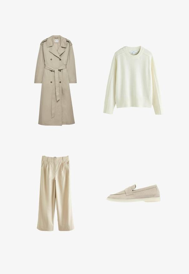 Beige trenchcoat gemaakt van lichtgewicht stof. Heeft een dubbelzijdige knopen, een ceintuur in de taille en een kraag met schouderepauletten.; Roomkleurige gebreide trui met geribbelde manchetten en zoom, voorzien van een ronde hals en een comfortabele pasvorm. Zachte textuur, minimalistisch ontwerp, zonder patronen.; Next SMART WIDE LEG - Broek - stone; Lichtbeige suède instapper met een lage witte zool, ronde neus en een gestikt bandje over de bovenkant.
