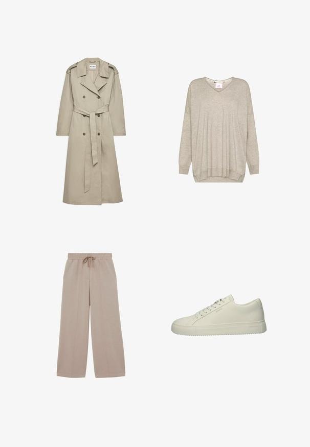 Trench de color beige hecho de un tejido ligero. Presenta botones de doble botonadura, una cintura ceñida con cinturón y un collar con hombreras.; Jersey de punto beige claro de manga larga con escote en V y puños y bajo acanalados, con un corte ligeramente holgado y costuras de hombro caídas.; Pantalones beige de pierna ancha con cintura elástica y cordón, con detalles de costura frontal y un corte relajado.; Zapatilla de cuero blanca con textura suave, punta redonda y suela plana. Presenta un diseño limpio, cordones tonales y una sutil marca en el lateral.