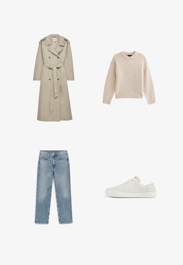 Beige trenchcoat gemaakt van lichtgewicht stof. Heeft een dubbelzijdige knopen, een ceintuur in de taille en een kraag met schouderepauletten.; Beige gebreide trui met een ronde halslijn, lange mouwen en geribbelde zoom. Gelaagd stof met een zachte uitstraling. Eenvoudig en veelzijdig ontwerp.; Lichtblauwe rechte spijkerbroek met vijf zakken en een knoopsluiting, plat uitgestald op een witte achtergrond.; Witte leren sneaker met een lage profiel, ronde neus, platte vetersluiting en witte rubberen zool. Bevat subtiele stiksels en een klein logo.