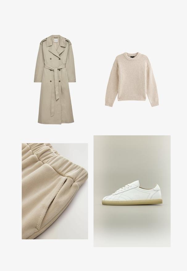Beige trenchcoat gemaakt van lichtgewicht stof. Heeft een dubbelzijdige knopen, een ceintuur in de taille en een kraag met schouderepauletten.; Beige gebreide trui met een ronde halslijn, lange mouwen en geribbelde zoom. Gelaagd stof met een zachte uitstraling. Eenvoudig en veelzijdig ontwerp.; Beige geribbelde stof shorts met een elastische tailleband en zijzakken, met een zachte textuur en een ontspannen pasvorm.; Witte lage leren sneaker met beige zool, vetersluiting en subtiele gestikte patronen op een neutrale achtergrond.