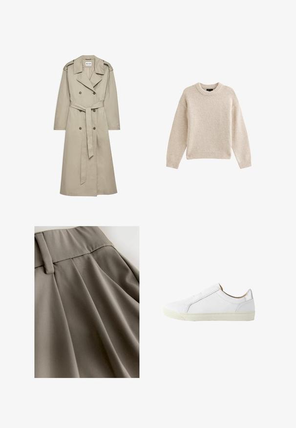 Beige trenchcoat lavet af letvægtsstof. Har dobbeltradede knapper, en bæltet talje og en krave med skulderklapper.; Beige strikket sweater med rund hals, lange ærmer og ribbet kant. Tekstureret stof med en blød udseende. Enkel og alsidig design.; Grå plisseret nederdel med en glat, blød tekstur og en bred taljebånd med en spænde-detalje. Stoffet falder blødt og skaber elegante folder.; Hvid lavtop læder-sneaker med lynlås på siden, beige inderforet og off-white gummisål, vist fra ydersiden.