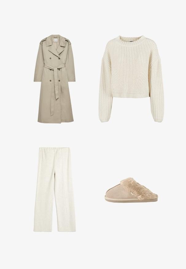 Beige trenchcoat lavet af letvægtsstof. Har dobbeltradede knapper, en bæltet talje og en krave med skulderklapper.; Chunky strik creme trøje med rund halsudskæring, brede ærmer, ribbede manchetter og et struktureret mønster. Korte design.; Koton WIDE LEG - Træningsbukser - beige; Beige slip-on tøfler med blødt ruskind yderside og blødt, fluffy inderfor og manchet, designet til komfort indendørs.