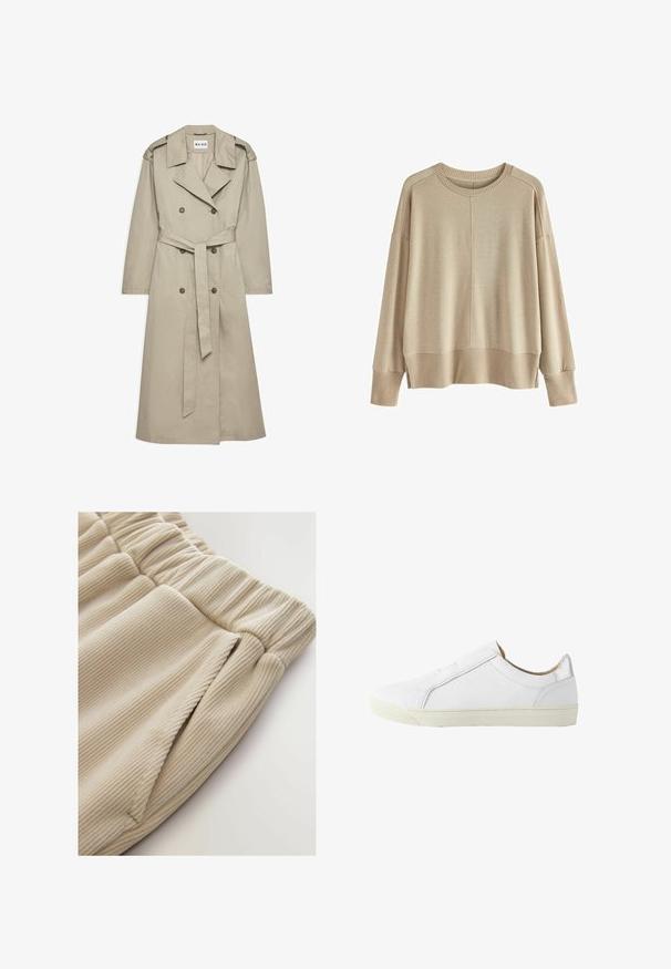 Beige trenchcoat gemaakt van lichtgewicht stof. Heeft een dubbelzijdige knopen, een ceintuur in de taille en een kraag met schouderepauletten.; Beige gebreide trui met een ontspannen pasvorm, ribgebreide manchetten en zoom, ronde halslijn en verlaagde schouders. Zachte textuur met minimale naden.; Beige geribbelde joggingbroeken met een cinch tailleband en zijzakken, met een zachte textuur en een casual ontwerp.; Witte lage leren sneaker met rits aan de zijkant, beige voering en off-white rubberen zool, gezien vanaf de buitenkant.