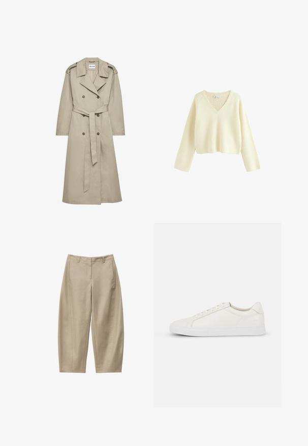 Beige trenchcoat lavet af letvægtsstof. Har dobbeltradede knapper, en bæltet talje og en krave med skulderklapper.; Cremefarvet, cropped sweater med ribbet tekstur, V-hals og lange ærmer. Har en afslappet pasform og et enkelt design.; Beige cropped bukser med lige ben, bæltestropper, sidelommer og lynlås foran, lagt fladt på hvid baggrund.; Hvide lædersneakers med en glat tekstur, rund tå, snørebånd foran og flad gummisål. Enkelt design uden mønstre eller accenter.
