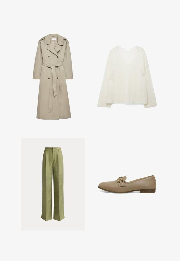 Trench de color beige hecho de un tejido ligero. Presenta botones de doble botonadura, una cintura ceñida con cinturón y un collar con hombreras.; Jersey blanco de punto con manga larga y escote en V, con un patrón de punto trenzado texturizado y dobladillo acanalado.; Pantalones de pierna ancha de cintura alta en color verde oliva con trabillas para cinturón, botón frontal y cierre de cremallera oculto.; Mocasines de cuero beige con tacón bajo, que presentan una correa decorativa con acentos metálicos y textura suave. Diseño clásico y fácil de poner.