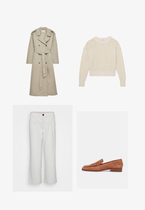 Trench de color beige hecho de un tejido ligero. Presenta botones de doble botonadura, una cintura ceñida con cinturón y un collar con hombreras.; Suéter de punto color crema con cuello redondo, mangas largas y un patrón texturizado de tejido abierto en toda la prenda.; Pantalones anchos y blancos hechos de una tela suave, con un frente plisado y una cinturilla elástica con un cierre de botón.; Mocasín de ante marrón con ribete trenzado, tacón plano de madera y diseño sin cordones, mostrado en perfil lateral sobre fondo blanco.