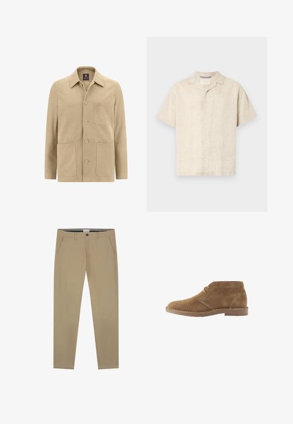 Beige nahkahousu, jossa on terävä kaulus, edessä nappisulku ja kaksi suurta etutaskua, sekä pieni tasku vasemmalla puolella.; Vaaleanbeige lyhythihainen nappipaita, joka on valmistettu pellavasta. Tässä paidassa on leirikolosu, siistit linjat ja hienovarainen tekstuuri, sekä viisi nappia edessä.; Vaaleat chinousut, jotka on valmistettu sileästä puuvillasta. Niissä on suora lahje, yksittäinen nappikiinnitys ja kaksi sivutaskua. Huomaamaton ompelu yksityiskohtia.; Ruskea mokkanahkainen nilkkapitoinen vapaa-ajan kenkä, jossa on kaksi nyörireikää ja ommeltu pohja valkoisella taustalla, sivuprofiili.