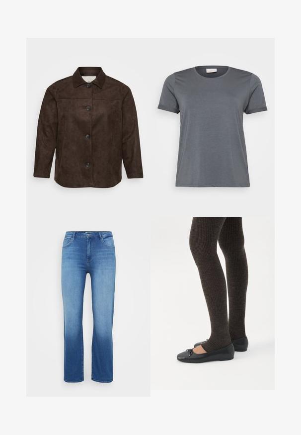 Brun ruskindsjakke med krave, fem sorte knapper fortil og lange ærmer. Glat tekstur og skræddersyet pasform.; Grå kortærmet T-shirt lavet af blødt stof, med en klassisk rund halsudskæring og oprullede ærmer. Glat tekstur uden synlige mønstre.; Lysblå denimjeans med lige snit, fem-lomme design og en slidt effekt ved kanten. Knaplukning i taljen.; Ben iført mørke ribbede leggings kombineret med sorte balletsko med små sløjfedetaljer på hvid baggrund.