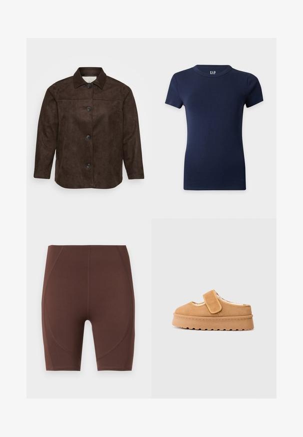 Bruine suedew jacket met een kraag, vijf zwarte knopen aan de voorkant en lange mouwen. Glad texture en een getailleerde pasvorm.; Marineblauw aansluitend T-shirt met korte mouwen en ronde hals op een effen lichte achtergrond.; Bruine sportkorte broek gemaakt van rekbare stof. Heeft een hoge taille, een nauwsluitend ontwerp en gebogen naden langs de zijkanten.; Bruine suedine instapschoen met een klittenbandsluiting, ronde neus en dikke plateauzool met een gestructureerde rubberen loopvlak.