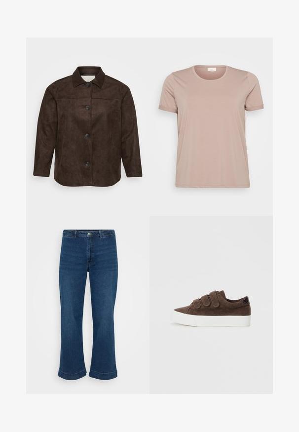 Bruine suedew jacket met een kraag, vijf zwarte knopen aan de voorkant en lange mouwen. Glad texture en een getailleerde pasvorm.; Lichtroze T-shirt met korte mouwen, een ronde halslijn en opgerolde mouwen, gemaakt van een gladde, zachte stof. Geen zichtbare patronen of accenten.; Hoge taille blauwe spijkerbroek met een rechte pijp en een uitlopende zoom, gemaakt van denim. Beschikt over een klassiek vijf-pocket ontwerp en een metalen knoopsluiting.; Bruine corduroy sneakers met drie klittenbandsluitingen, witte rubberen zool en een textuurstof voor extra detail.