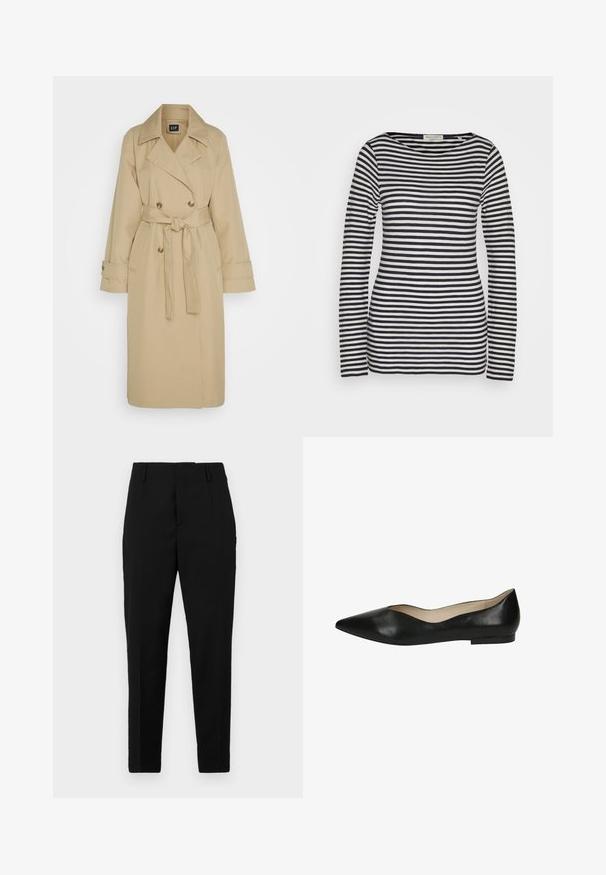 GAP ICON - Trench - khaki; Haut à manches longues en coton, avec des rayures horizontales bleu marine et blanches, col rond, coupe ajustée, texture lisse et design minimaliste.; Pantalons noirs avec une coupe ajustée, dotés de poches latérales, d'une texture lisse et d'un design épuré qui se resserre vers la cheville.; Ballerines en cuir noir avec un bout pointu, texture lisse et design minimaliste. Semelle plate sans quincaillerie ou accents visibles.