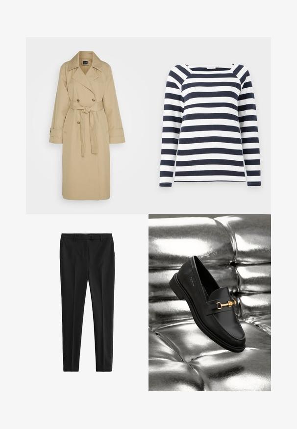 GAP ICON - Trench - khaki; TOM TAILOR STRIPED CARRE NECK - T-shirt à manches longues - lunar eclipse/off white; Pantalon noir sur mesure en tissu lisse. Présente un devant plat, des poches latérales et une coupe ajustée. Style épuré et minimaliste.; Mocassin en cuir noir avec un détail en métal doré. La chaussure présente un design épuré et une texture lisse et brillante.