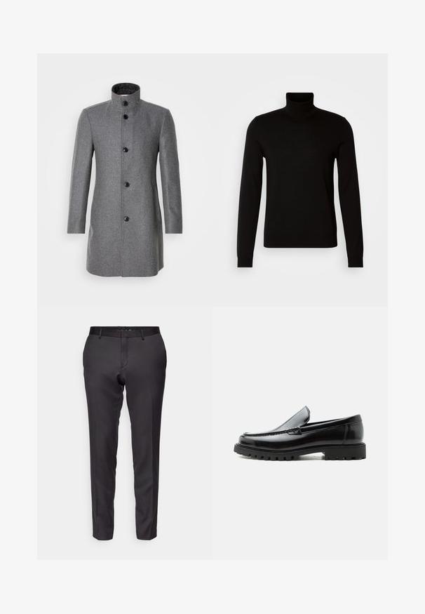 Grå uldfrakke med høj krave, tre sorte knapper og to sidelommer. Har en fiskebensmønster og en glat tekstur.; Sort turtleneck sweater lavet af et fint strikket stof, der har lange ærmer og en tætsiddende silhuet. Glat tekstur med ribbede manchetter.; Skræddersyede sorte bukser lavet af et glat stof, med slim fit, lige ben og flad frontdesign med bæltestropper.; Sort læderloafer med chunky gummisål, syet overdel og præget mærkenavn på hælen, vist i sideprofil på hvid baggrund.
