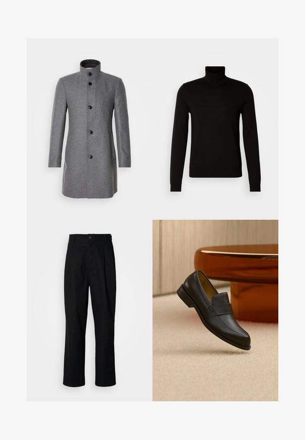 Grå uldfrakke med høj krave, tre sorte knapper og to sidelommer. Har en fiskebensmønster og en glat tekstur.; Sort turtleneck sweater lavet af et fint strikket stof, der har lange ærmer og en tætsiddende silhuet. Glat tekstur med ribbede manchetter.; Sorte lige ben bukser med en knaplukket talje, bæltestropper og en frontfold, præsenteret mod en ensfarvet hvid baggrund.; Sort læder loafers med lav hæl svævende over beige tæppe ved rundt brunt bord.