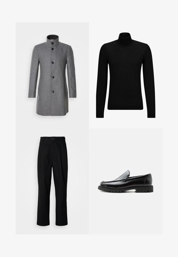 Grå uldfrakke med høj krave, tre sorte knapper og to sidelommer. Har en fiskebensmønster og en glat tekstur.; Sort turtleneck sweater lavet af blødt materiale, med lange ærmer og en tætsiddende pasform. Ribbet trim ved kanten og manchetter. Simpelt design.; Sorte lige ben bukser med en knaplukket talje, bæltestropper og en frontfold, præsenteret mod en ensfarvet hvid baggrund.; Sort læderloafer med chunky gummisål, syet overdel og præget mærkenavn på hælen, vist i sideprofil på hvid baggrund.