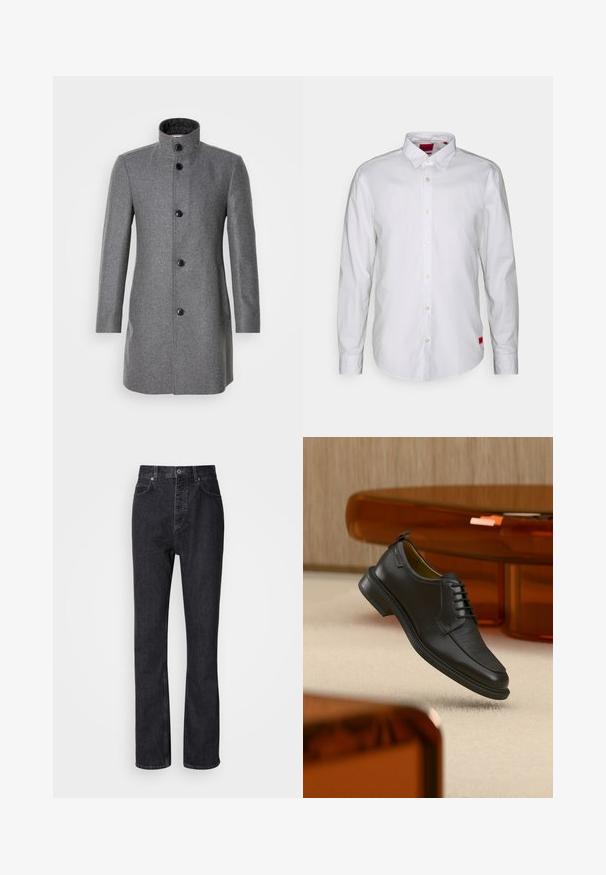 Grijze wollen jas met een hoge kraag, drie zwarte knopen en twee zijzakken. Heeft een visgraatpatroon en een gladde textuur.; Witte long-sleeve shirt met een button-down kraag, gemaakt van lichtgewicht stof. Heeft een subtiele merketiket in het rood aan de onderzijde.; Hoge taille zwarte denim jeans met een knoop- en ritssluiting, voor- en achterzakken en een rechte pasvorm.; Zwarte leren veterschoen in de stijl van een nette schoen met een gestructureerd vooraanzicht, zwevend boven een beige tapijt in een moderne kamer met amberkleurige meubelen.