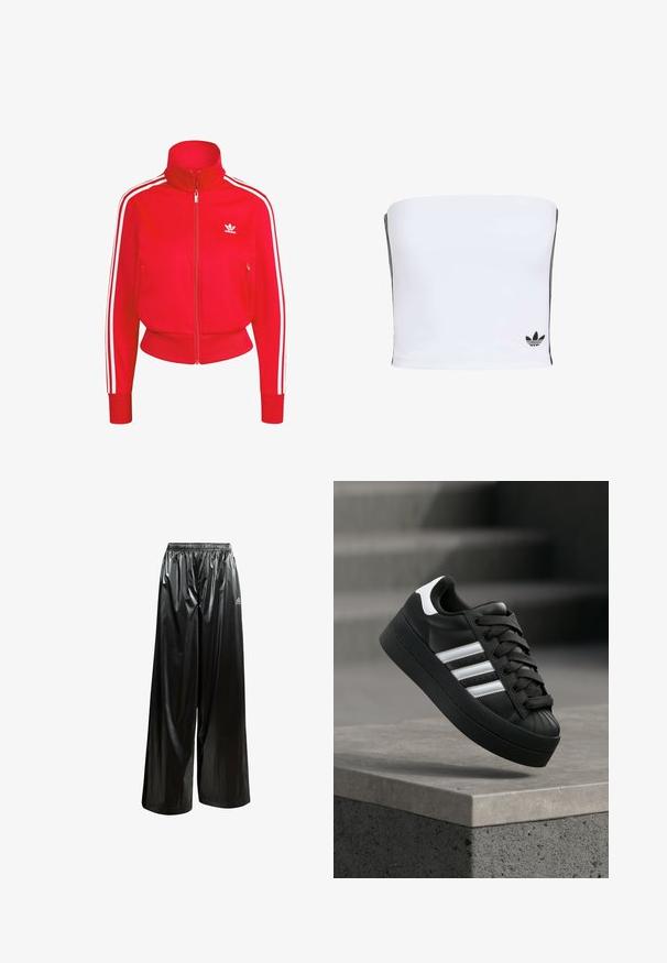 Červená bunda na zips s vysokým golierom, biele bočné pruhy a logo. Obsahuje dva predné vrecká na zips a ribované manžety a lem.; Biely bandeau top vyrobený z elastického materiálu. Obsahuje čierne bočné pruhy a malé čierne logo na okraji. Hladká textúra.; Čierne elastické nohavice so širokými nohavicami vyrobené z lesklého materiálu; na ľavej dolnej strane je strieborné logo Adidas.; Čierna teniska s bielymi pruhmi a šnúrkami, umiestnená vo vzduchu nad sivým betónovým okrajom na rozmazanom pozadí.