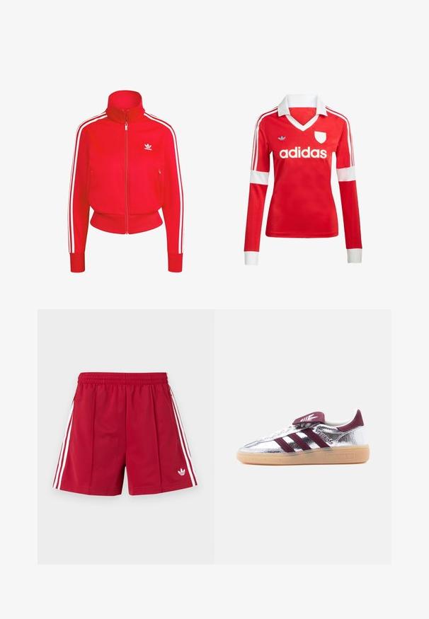 Červená bunda na zips s vysokým golierom, biele bočné pruhy a logo. Obsahuje dva predné vrecká na zips a ribované manžety a lem.; Červený futbalový dres s dlhým rukávom a bielym golierom a manžetami. Na ramenách sú tri biele pruhy a výrazne zobrazené logo "adidas".; Červené atletické šortky s elastickým pásom, bielymi bočnými pruhmi, vreckami so zipsom a malým bielym logom Adidas na prednej ľavej nohe.; Lesklá strieborná teniska Adidas Spezial s bordovými pruhmi, gumovou podrážkou a suchým zipsom na jazyku na jednoduchom svetlom pozadí.